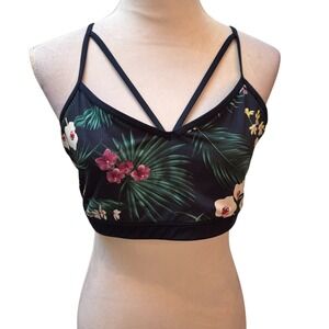 Gap Fit Womens Tropical Floral Strappy Back Sports Bra Black Green Large 306825